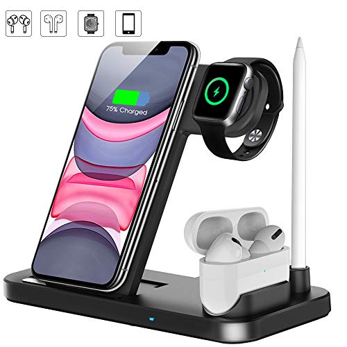 Product Cover Wireless Charger, QI-EU 4 in 1 Qi-Certified 10W Fast Charger Station Compatible Apple Watch Airpods iPhone 11/11pro/11pro Max/X/XS/XR/Xs Max/8/8 Plus, Wireless Charger Stand Compatible Samsung