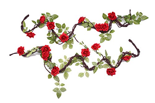 Product Cover 2 pcs Flower Garland Artificial Rose Vines - Fake Plants Hanging Decorations, Rose Garland Greenery for Home Office Arch Garden Outdoor Wall Decor (Red, 4.9 ft)