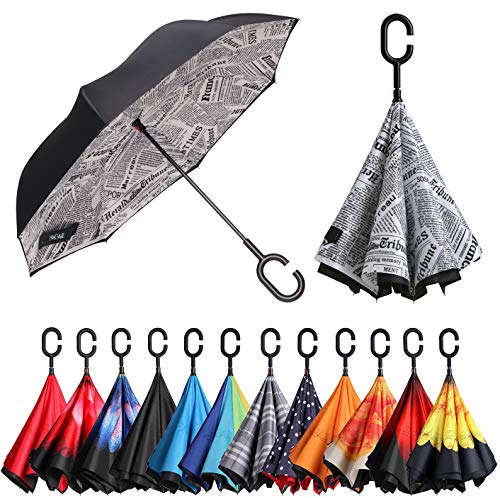 Product Cover BAGAIL Double Layer Inverted Umbrellas Reverse Folding Umbrella Windproof UV Protection Big Straight Umbrella for Car Rain Outdoor with C-Shaped Handle (White Newspaper)