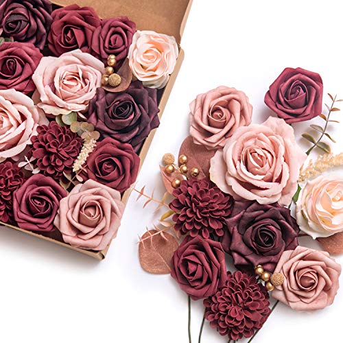 Product Cover Ling's moment Luxury Burgundy Blush Artificial Flowers Box Set for DIY Wedding Bouquets Centerpieces Arrangements Party Baby Shower Home Decorations