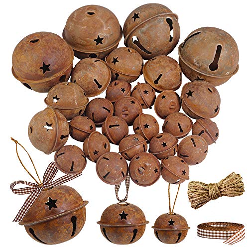 Product Cover Winlyn 28 Pack Rusty Jingle Bells with Star Cutouts Christmas Sleigh Bells Rustic Metal Craft Bells Star Bells with Jute Rope Ribbon for Holiday Season Primitive Country Décor 3 Sizes 1.6