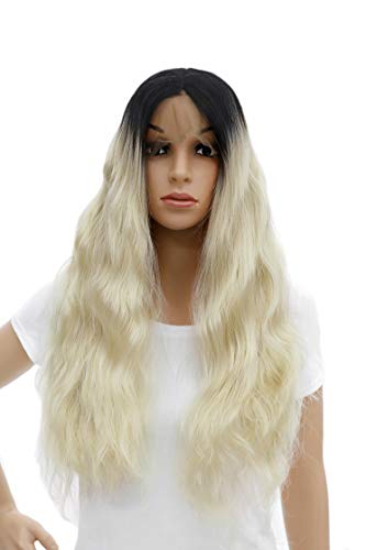 Product Cover SWACC Long Curly Wavy Lace Front Wigs for Women Middle Part Natural Curls Heat Resistant Synthetic Hair Replacement Wig (Black Root Ombre Blonde)