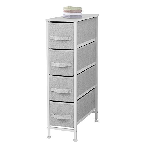Product Cover KINGSO Narrow 4 Drawer Dresser Storage Tower Organizer Unit with Sturdy Steel Frame and Easy Pull Faux Linen Fabric Drawers for Bedroom Bathroom Living Room Guest Room Laundry Closets, Light Gray