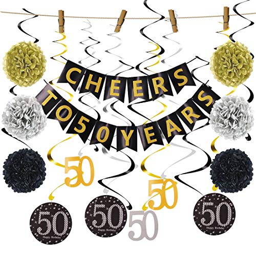Product Cover 50th Birthday Decorations Kit, Cheers to 50 Years Banner, Happy Birthday Banner, Hanging Swirls, Paper Garland, Sparkling 50 Hanging Swirl for 50th Anniversary Decorations 50 Years Old Party Sup(50th)