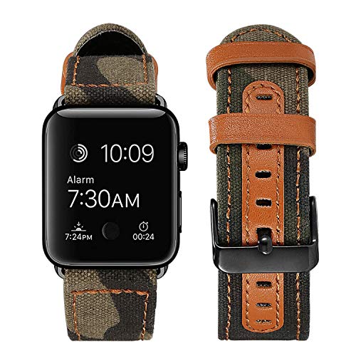 Product Cover SKYLET Compatible with Apple Watch Band 42mm 38mm Series 5 Series 4 44mm 40mm Leather Band, Canvas Fabric Leather Wristband with Black Metal Buckle Compatible with Apple Watch Series 3 2 1 Men Women