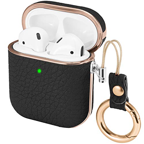Product Cover iHillon Compatible with Airpods Case, Classic Genuine Leather Skin TPU Protective Cover with Keychain Compatible with Airpods 2 & 1 Wireless and Wired Charging Case (Front LED Visible)(Black)