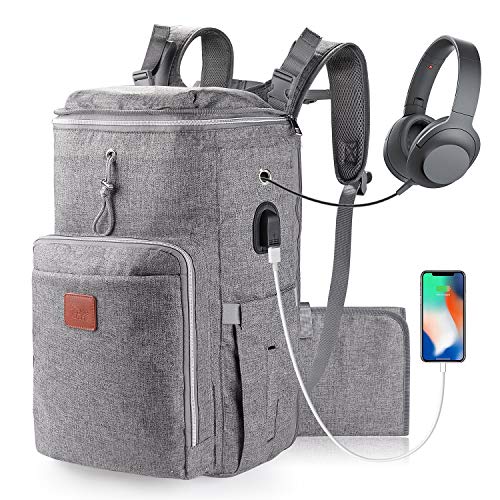 Product Cover Large Diaper Bag Backpack for Twins or Two Kids, Expandable Grey Baby Diaper Bag for Mom Dad Extra Large Travel Diaper Backpack with USB Charging Port, Changing Pad, Stroller Straps