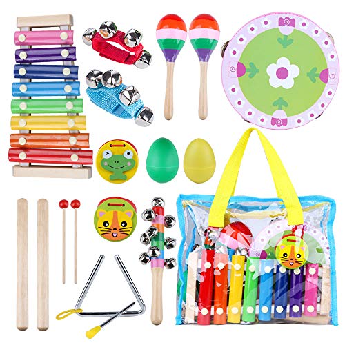 Product Cover Toddler Musical Instruments Toys Set 9 Types 14Pcs Wooden Percussion Instruments for Kids Preschool Educational Tambourine Xylophone Maracas for Boys Girls Birthday Christams Gifts with Storage Bag