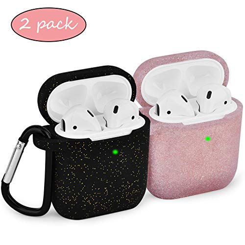 Product Cover AIRSPO Airpods Case Silicone Case for AirPods Charging Case 2 & 1 [Front LED Visible] Bling Glitter Luxury Shockproof Protective Cover Skin with Anti-Lost Carabiner (Black+Rose Gold)