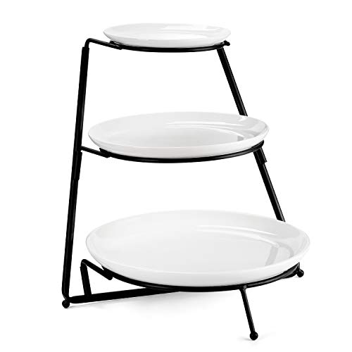 Product Cover Sweese 738.101 3 Tiered Serving Stand - Food Display Stand with Round Porcelain Plates/White Serving Platters for Parties