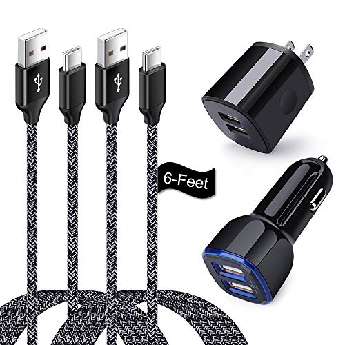 Product Cover USB Type C Car Charger, Flecom Dual Port USB Wall Charger Adapter with 6FT Braided Cord USB C Cable Compatible for Samsung Galaxy A10E A20 A50, LG Stylo 4/5 G5/G6/G7/G8 ThinQ/Q7/Q8/Q9