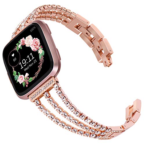 Product Cover Surace Compatible with Fitbit Versa Bands Versa 2 Bands Women Bracelet Metal Strap with Diamond Replacement for Fitbit Versa 2 Bands Compatible for Fitbit Versa Band Versa Lite Bands, Rose Gold
