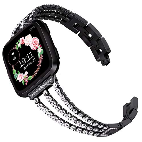 Product Cover Surace Compatible with Fitbit Versa Bands Women Bracelet Metal Strap with Diamond Replacement for Fitbit Versa 2 Bands Compatible for Fitbit Versa Band Versa Lite Band Smart Watch, Black