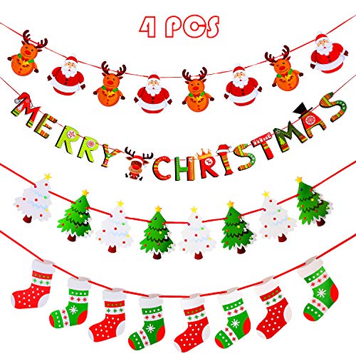 Product Cover 4 Pieces Christmas Banners Christmas Tree Stocking Garland Bunting Christmas Fireplace Wall Signs Flags for Christmas Party Decoration