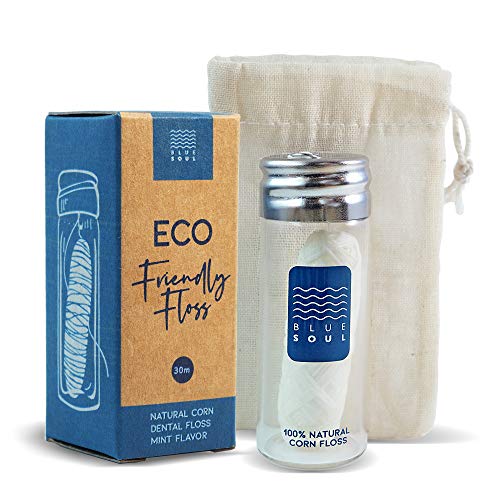 Product Cover Vegan Biodegradable Corn Dental Floss | Reusable, Refillable Glass Holder, Travel Size Bag | Natural, Mint Waxed Oral Care For Healthy Teeth, Tungs, Gums | Eco Friendly Earth Smart 33yard