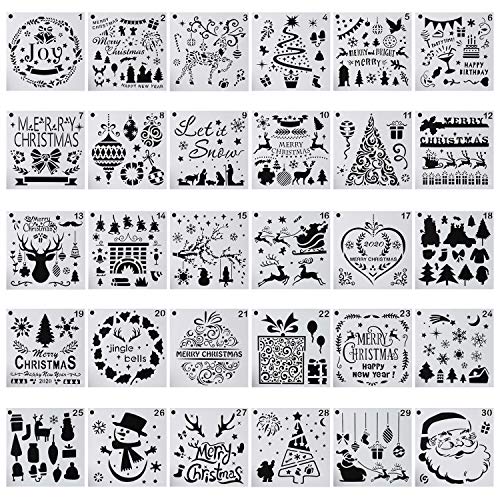 Product Cover 30-Pack (6x6 Inch) Christmas Stencils Painting and Drawing Stencil Template for Wood Slice Gift Card Floor Wall Tile Fabric Wood Burning Art DIY -reuseable