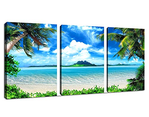 Product Cover Summer Beach Wall Art Bathroom Decor Green Palm Leaf Ocean Beach Picture Canvas Artwork for Living Room Bedroom Office Kitchen Kids Room Decoration 12