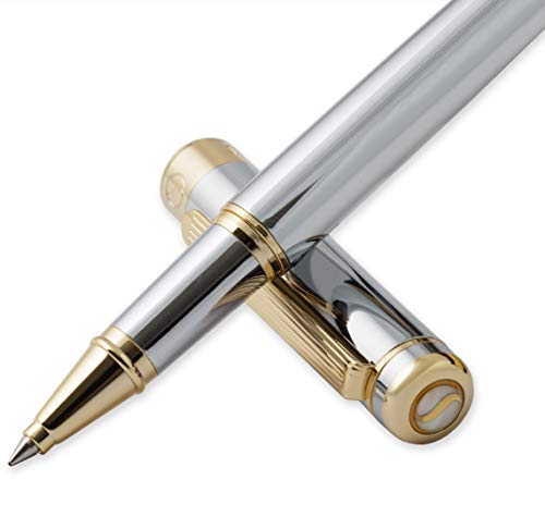 Product Cover Luxury Pen by Scriveiner London - Stunning Rollerball Pen with 24K Gold Finish, Schmidt Ink Refill, Roller Ball Pen Gift for Men & Women, Professional, Executive, Office, Nice Pens (Silver Chrome)