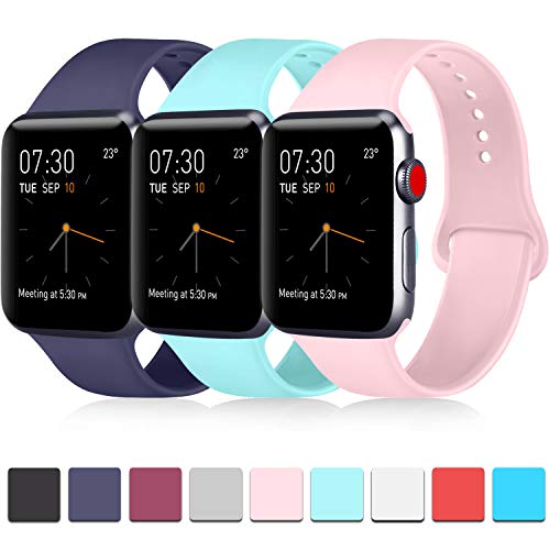 Product Cover PACK 3 Compatible with Apple Watch Band 38mm 40mm 42mm 44mm Women Men, Soft Silicone Band Replacement for Apple iWatch Series 4, Series 3, Series 2, Series 1 (Navy Blue/Light Blue/Pink, 42mm/44mm-S/M)
