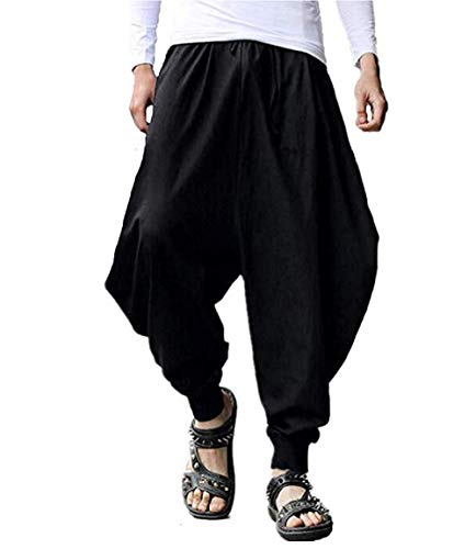 Product Cover Mens Casual Yoga Jogger Elastic Waist Baggy Aladdin Hippie Harem Pants (Black, M(32-34inch)