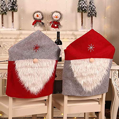 Product Cover CheeseandU Christmas Chair Covers Set of 2, Red Grey Santa Claus Hat with White Beard Slipcovers Suits Chair Back Cover Kitchen Dining Room Hotel Xmas Holiday Party Decor,Red&Grey