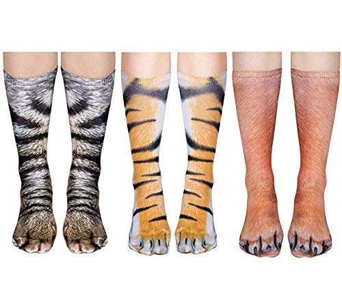 Product Cover Animal Paw Socks Unisex 3D Print Cat/Dog/Tiger Novelty Stockings for Women Men White Elephant Gag Gifts Prank Christmas Party Favors 3 Pairs