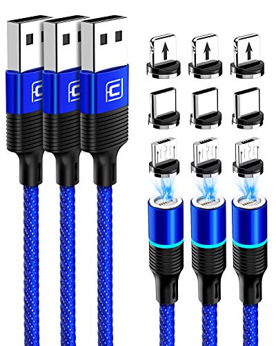 Product Cover CAFELE Magnetic Charging Cable, 3Pack, 9 Adapters, 6.6ft QC3.0 Fast Charging Nylon Braided Cord, Support Data Trasfer, Universal Magnet Phone Charger Compatible with Micro-USB Type-C i0S Device Blue