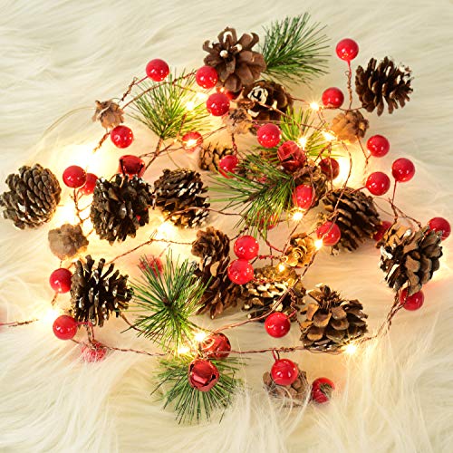Product Cover Woooow Christmas Garland with Pinecone Red Berry with Fall Decor Garland Lights Indoor Outdoor Thanksgiving Decorations Christmas Party, Lights Battery Operated