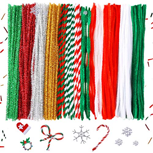Product Cover Caydo 200 Pieces 13 Styles Christmas Pipe Cleaners, Striped and Glitter Chenille Stem for Christmas DIY Creative Crafts Decorations (Red,Green, White, Sliver, Gold)