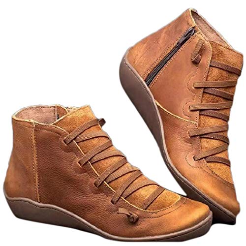Product Cover kouye Women's Short-Shoe Lace-Up Boots Faux Leather Rubber Sole Ankle Boots Ankle Boots Brown