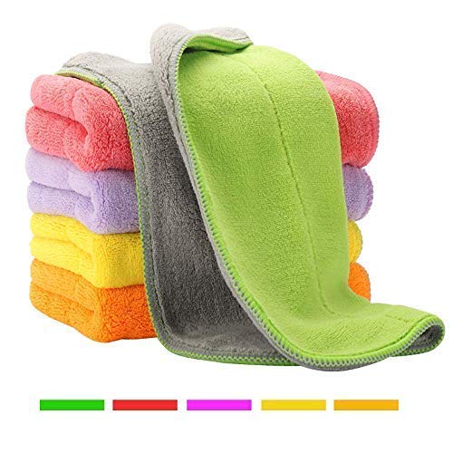 Product Cover 5 Extra Thick Microfiber Cleaning Cloths with 5 Bright Colors, Super Absorbent Dust Cloths Buffing Cloths with Two Color on Two Side, Lint Free Streak Free for Tackling Any Cleaning Job with Ease