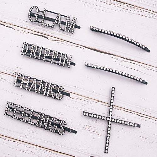 Product Cover Black Letter Hair Clip Sparkly Word Barrettes Diamant Crystal Bling Handmade Luxury Rhinestones Hair Jewellery Accessories for Women Girls(7 Pieces,THANKS/GLAM/DRIPPIN/FEELINGS/Cross/Bow Bobby Pins)
