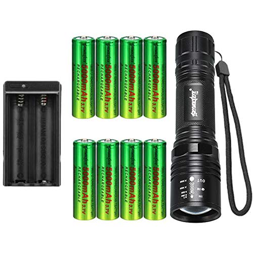 Product Cover High 2000 Lumen 18650 Flashlight with 8PCS 3.7V 5000mAh Rechargeable Battery and Charger, Ultra Bright Adjustable Focus Handheld light and 5 Modes for Camping, Hiking, Outdoor, Emergency