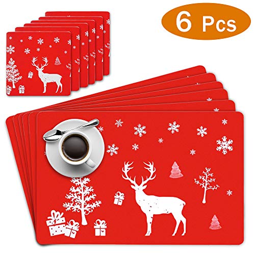Product Cover Hallo 6PACK Christmas Holiday Placemats Cup mat Red elk's PVC Table Mats,Resistant Washable Table Place Mats,Christmas Placemats for Holiday Christmas Table Decorations17.2''×11.2''