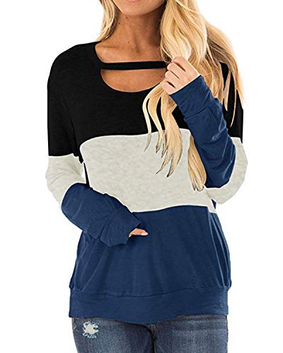 Product Cover Ehpow Women's Color Block Tunics Chest Cutout Long Sleeve Shirts Scoop Neck Casual Loose Tops(Medium,Navy)