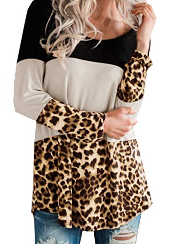 Product Cover Lantch Women's Long Sleeve Leopard Print Cotton Tunic Tops Casual Cute Color Block Shirts Khaki