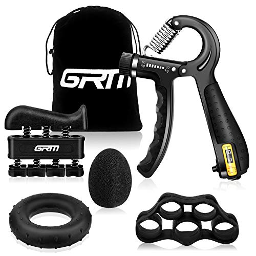 Product Cover GRM Counting Hand Grip Strengthener Forearm Grip Workout Kit, 22-132Lbs Adjustable Resistance Grip Strength Trainer, Finger Exerciser, Finger Stretcher, Grip Ring, Stress Relief Grip Ball (5 Pack)