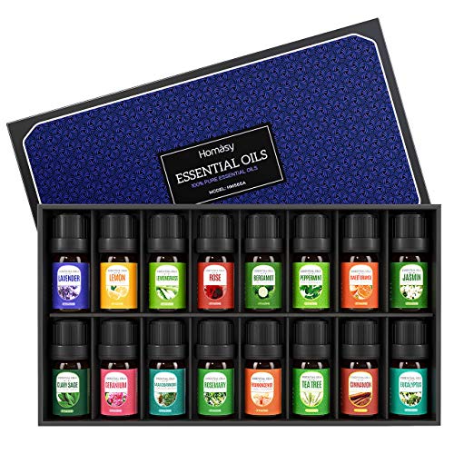 Product Cover Homasy Essential Oils Gift Set, 100% Pure Aromatherapy Essential Oil Set, Top 16 Essential Fragrance Oil Set for Diffuser, Humidifier, Lavender, Sweet Orange, Tea Tree, Lemongrass, and More (16x5ml)
