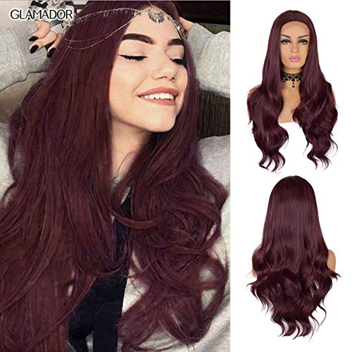 Product Cover Long Wavy Lace Front Wig GLAMADOR, Women Ombre Burgundy Wine Red Synthteic Heat Resistant Wavy Hair Wig, Fashion Loose Full Wig, Natural Hairline Curly Halloween Cosplay Wigs with Free Wig Cap 24''