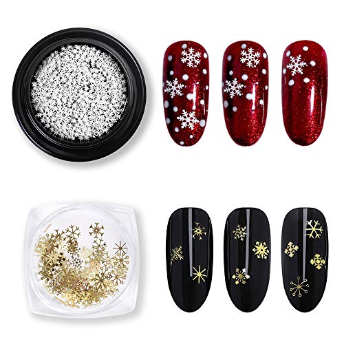 Product Cover DKAF 2 Boxes Christmas Snowflakes Nail Art Decorations, Ultrathin White and Gold Metal Slices Sequins, Christmas Nail Decals Thin Sticker Manicure Designs DIY Nail Accessories Decoration
