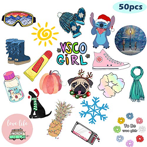Product Cover 50 Pcs VSCO Stickers for Hydro Flask, Water Bottle Laptop Cute Vinyl Waterproof Trendy Stickers for VSCO Girls, Kids, Teens, Women (Multicoloured)