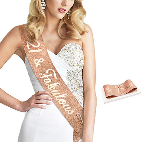 Product Cover Konsait Glitter Rose Gold 21 Fabulous Sash-Rose 21 Gold Birthday Sash- Finally Legal Sash-Drinking Age Birthday Gift Birthday Party Favors Party Supplies Decoration for Women Girls