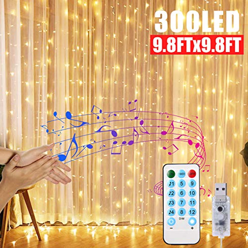 Product Cover Window Curtain String Lights, 300 LED String Light USB Powered, 4 Music Control Modes 8 Lighting Modes Waterproof Lights for Wedding Party Garden Bedroom Christmas Festival Decorative (9.8x9.8 Ft)