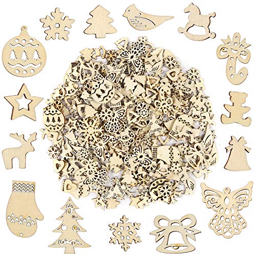Product Cover Pllieay 250 Pieces Wooden Slices, Mix Different Shapes Small Handmade Christmas Series Embellishments Ornaments for Christmas Decorations, DIY Party Craft and Card Making