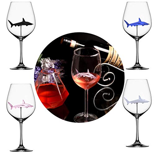 Product Cover Mintuse Shark Wine Glasses with Shark Inside Colorful Goblet Bottle Crystal Shark Red Wine Glasses,Italian Goblet Wine Glasses for Adult - 7.5X7.5X21cm,300ml (Blue,Black,Pink,White 4PC)