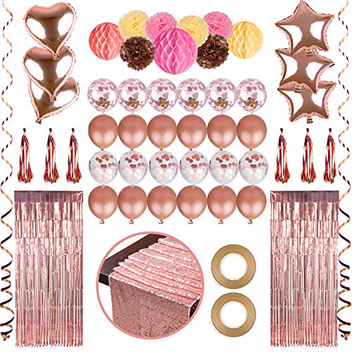 Product Cover Farelot Rose Gold Party Decorations - 70 Pc Set with Confetti Balloons, Table Runner, Foil Curtains, Tassel Garland, Pom Poms and More for Weddings, Engagement, Valentines Day Decorations, Birthdays
