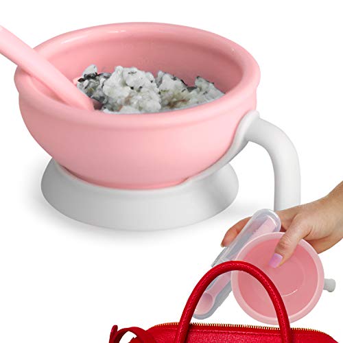 Product Cover Platinum Silicone Baby Feeding Set, BPA Free, Dishwasher Safe, Leak Proof Lid, Storage & Travel, Spoon Doubles as a Soft Teether for Baby Led Weaning