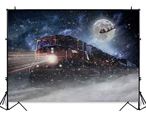 Product Cover 5x3FT Polar Express Christmas Themed Party Backdrop Vinyl Moon Decor Sledge Snowflake Photography backdrops Xmas Day Party Photo Background Birthday Party Banner Decoration