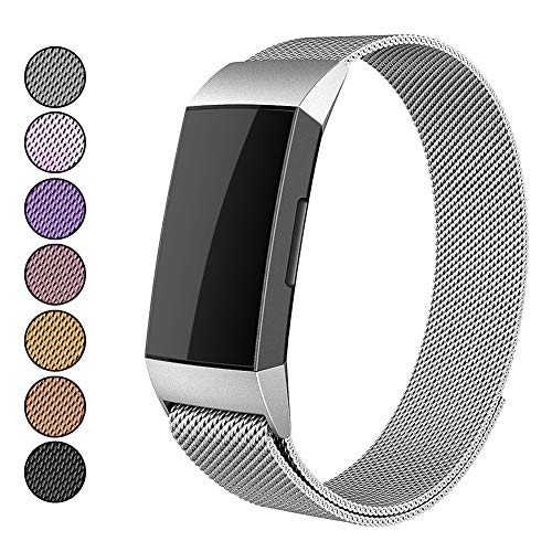Product Cover Mosonoi Compatiable with Fitbit Charge 3 Bands, Adjustable Metal Bands Replacement Straps Fit for Fitbit Charge 3/ Charge 3 SE Smartwatch Women Men(Small, Silver)