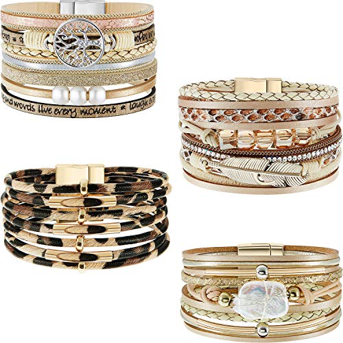 Product Cover Hicarer 4 Pieces Feather Wrap Bracelet Leopard Bracelets Leather Cuff Bracelets Boho Wrap Bracelets